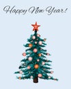 Greeting card constructor template with Christmas decorated tree, with balls and star, happy new year, christmas. Royalty Free Stock Photo